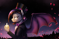 Size: 2084x1376 | Tagged: safe, artist:thebowtieone, imported from derpibooru, oc, oc only, oc:bowtie, anthro, bat pony, undead, vampire, bowtie, candle, female, hat, solo, top hat