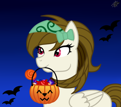 Size: 3392x3000 | Tagged: safe, artist:princessmoonsilver, imported from derpibooru, oc, oc only, oc:rose cream, pegasus, pony, female, gradient background, high res, mare, mouth hold, pumpkin bucket, solo