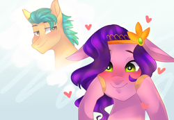Size: 1600x1105 | Tagged: safe, artist:waterz-colrxz, imported from derpibooru, hitch trailblazer, pipp petals, earth pony, pegasus, pony, adorapipp, blushing, bust, cute, female, floating heart, g5, heart, hitchpipp, male, my little pony: a new generation, shipping, smiling, straight, thought bubble