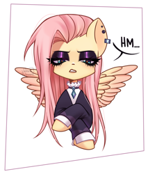 Size: 3239x3810 | Tagged: safe, artist:winnievincent, imported from derpibooru, fluttershy, pegasus, pony, clothes, crossed hooves, dress, eyes closed, female, fluttergoth, high res, jewelry, lidded eyes, looking at you, mare, necklace, simple background, unimpressed, white background