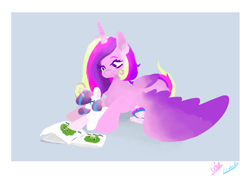 Size: 5787x4092 | Tagged: safe, artist:lunastudiolive, imported from derpibooru, princess cadance, princess flurry heart, oc, alicorn, pony, book, cute, female, filly, filly flurry heart, mare, mother and child, mother and daughter, offspring, older, older flurry heart, parent:princess cadance, parent:shining armor, parents:shiningcadance, trio, wing blanket, winghug, wings