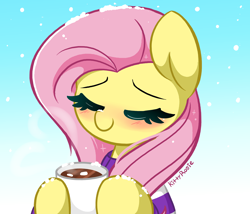 Size: 5384x4603 | Tagged: safe, artist:kittyrosie, imported from derpibooru, fluttershy, pegasus, pony, absurd resolution, blushing, bust, chocolate, clothes, cozy, cup, cute, eyes closed, female, food, gradient background, hoof hold, hot chocolate, mare, mug, shyabetes, smiling, snow, snow on nose, snowfall, solo, sweet dreams fuel, three quarter view