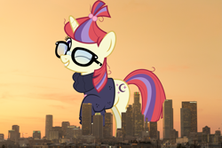 Size: 2399x1601 | Tagged: safe, artist:jhayarr23, artist:thegiantponyfan, imported from derpibooru, moondancer, pony, unicorn, california, female, giant pony, giant unicorn, giantess, highrise ponies, irl, los angeles, macro, mare, mega giant, mega/giant moondancer, photo, ponies in real life