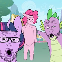 Size: 792x792 | Tagged: safe, artist:tjpones, imported from derpibooru, pinkie pie, spike, twilight sparkle, anthro, unguligrade anthro, friendship is magic, :o, beard, cursed image, facial hair, glasses, meme, open mouth, pointing, ponyville, scene interpretation, soyjak, wojak