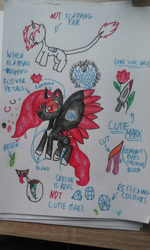 Size: 768x1280 | Tagged: safe, artist:brot-art, imported from derpibooru, oc, oc only, alicorn, pony, alicorn oc, dagger, flower, horn, red and black oc, reference sheet, slit pupils, smiling, traditional art, weapon, wings