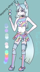 Size: 720x1280 | Tagged: safe, artist:brot-art, imported from derpibooru, oc, oc only, anthro, unicorn, choker, clothes, hand on hip, high heels, horn, midriff, reference sheet, shoes, skirt, smiling, solo, sports bra, unicorn oc