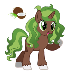 Size: 892x944 | Tagged: safe, artist:madlilon2051, imported from derpibooru, oc, oc only, pony, unicorn, base used, coconut, eyelashes, female, food, horn, mare, open mouth, raised hoof, simple background, smiling, solo, transparent background, unicorn oc, unshorn fetlocks, waving