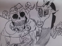 Size: 800x600 | Tagged: safe, artist:cat-morrison, imported from derpibooru, discord, draconequus, lich, undead, adventure time, bone, bust, grin, lineart, male, skeleton, smiling, swirly eyes, traditional art