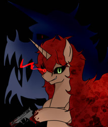 Size: 600x700 | Tagged: safe, artist:cat-morrison, imported from derpibooru, oc, oc only, pony, unicorn, black sclera, blood, bust, female, gun, heterochromia, hoof hold, horn, smiling, solo, sombra eyes, unicorn oc, weapon