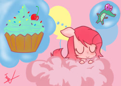Size: 700x500 | Tagged: safe, artist:cat-morrison, imported from derpibooru, gummy, pinkie pie, alligator, earth pony, pony, cloud, cupcake, cute, cuteamena, dream, duo, eyes closed, female, fluffy mane, food, mare, on a cloud, pink background, pinkamena diane pie, signature, simple background, sleeping, sweet dreams fuel