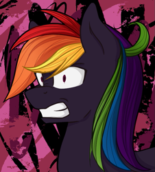 Size: 653x722 | Tagged: safe, artist:herusann, imported from derpibooru, rainbow dash, pegasus, pony, abstract background, angry, bust, female, gritted teeth, mare, nightmare rainbow dash, nightmarified, solo