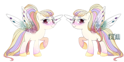 Size: 1280x640 | Tagged: safe, artist:herusann, imported from derpibooru, oc, oc only, pony, blushing, butterfly wings, duo, raised hoof, simple background, smiling, transparent background, wings