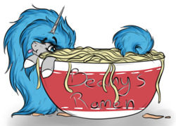 Size: 1738x1243 | Tagged: safe, artist:beamybutt, imported from derpibooru, oc, oc only, oc:moonbeam, food pony, pony, unicorn, :p, cup, cup of pony, ear fluff, eyelashes, female, food, horn, mare, micro, noodle, ponified, simple background, tongue out, transparent background, unicorn oc