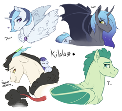 Size: 1600x1458 | Tagged: safe, artist:royvdhel-art, imported from derpibooru, oc, oc only, oc:dove, oc:identity, oc:prince illusion, oc:princess nidra, oc:turquoise blitz, alicorn, bat pony, bat pony alicorn, draconequus, dracony, hybrid, pony, bat pony oc, bat wings, draconequus oc, ethereal mane, female, horn, interspecies offspring, jewelry, male, necklace, offspring, parent:discord, parent:oc:crystal clarity, parent:oc:prince illusion, parent:oc:supernova, parent:princess celestia, parent:rarity, parent:spike, parent:unnamed oc, parents:canon x oc, parents:dislestia, parents:oc x oc, parents:sparity, ponies riding ponies, riding, simple background, smiling, starry mane, white background, wings