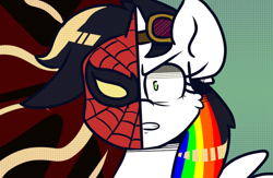 Size: 1024x667 | Tagged: safe, artist:tranzmuteproductions, imported from derpibooru, oc, oc only, oc:lightning bliss, alicorn, pony, alicorn oc, bust, clothes, cosplay, costume, eyelashes, female, goggles, horn, mare, marvel, mask, solo, spider-man, wings