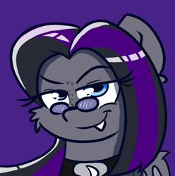 Size: 1024x1034 | Tagged: safe, artist:tranzmuteproductions, imported from derpibooru, oc, oc only, oc:luna, bat pony, pony, bat pony oc, bat wings, bedroom eyes, choker, female, freckles, glasses, purple background, simple background, solo, sunglasses, wings