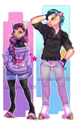 Size: 1080x1728 | Tagged: safe, artist:malinraf1615, imported from derpibooru, hitch trailblazer, sunny starscout, anthro, earth pony, unguligrade anthro, braided ponytail, clothes, female, g5, jeans, male, my little pony: a new generation, pants, shipping, straight, sunnyhitch, sweater, unshorn fetlocks