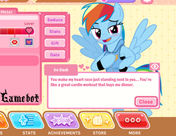 Size: 1116x860 | Tagged: safe, artist:tcgamebot, edit, imported from derpibooru, screencap, rainbow dash, pegasus, pony, blushing, clothes, crossover, crush crush, dialogue, female, game, iro, looking at you, mare, parody, ponified, pony cameo, pony reference, show accurate, solo, text