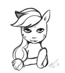 Size: 860x972 | Tagged: safe, artist:imalou, imported from derpibooru, applejack, earth pony, pony, bust, grayscale, looking at you, monochrome, old art, solo, tongue out