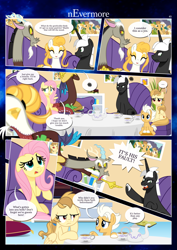 Size: 3259x4607 | Tagged: safe, artist:estories, imported from derpibooru, discord, fluttershy, oc, oc:alice goldenfeather, oc:comet, oc:fable, oc:golden jewel, oc:möbius, draconequus, earth pony, pegasus, phoenix, pony, unicorn, comic:nevermore, angry, book, bookshelf, brother and sister, comic, couch, cross-popping veins, cup, cushion, female, high res, horn, male, mother and child, mother and daughter, mother and son, pegasus oc, plant, siblings, speech bubble, table, tea kettle, teacup, unicorn oc