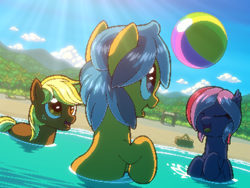 Size: 800x600 | Tagged: safe, artist:rangelost, imported from derpibooru, oc, oc only, oc:apple basket, oc:moonflower, oc:trailblazer, bat pony, earth pony, pony, cyoa:d20 pony, bat pony oc, beach, beach ball, cyoa, earth pony oc, female, male, pixel art, story included, trio