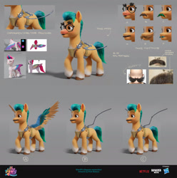 Size: 1920x1932 | Tagged: safe, artist:piotr bzdura, boulder media, imported from derpibooru, hitch trailblazer, zipp storm, earth pony, pegasus, pony, spoiler:my little pony: a new generation, concept art, disguise, fake moustache, fake wings, female, g5, gray background, groucho mask, hasbro logo, male, mare, my little pony logo, my little pony: a new generation, netflix logo, simple background, stallion