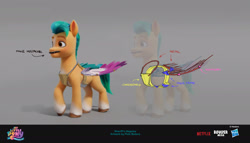 Size: 1920x1101 | Tagged: safe, artist:piotr bzdura, boulder media, imported from derpibooru, hitch trailblazer, earth pony, pony, spoiler:my little pony: a new generation, concept art, disguise, fake moustache, fake wings, g5, gray background, hasbro logo, male, my little pony logo, my little pony: a new generation, netflix logo, simple background, stallion