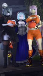 Size: 2160x3840 | Tagged: safe, artist:donglysfm, imported from derpibooru, coco pommel, fluttershy, marble pie, anthro, earth pony, pegasus, plantigrade anthro, art pack:trick or treat 2021, 2b, 3d, alternate hairstyle, big breasts, boots, breasts, busty fluttershy, busty marble pie, candy, clothes, dress, elizabeth comstock, female, food, halloween, high heel boots, high res, holiday, mask, metroid, moon, nail polish, nier: automata, night, revamped anthros, samus aran, shoes, shorts, source filmmaker, the council of shy ponies, thigh boots, trick or treat, trio, trio female