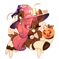 Size: 1500x1500 | Tagged: safe, artist:tsarstvo, imported from derpibooru, oc, oc only, pegasus, pony, bust, candle, eye clipping through hair, female, halloween, hat, holiday, mare, one eye closed, pumpkin, solo, wink, witch hat