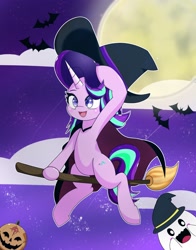 Size: 1609x2048 | Tagged: safe, artist:zeon_starlight, imported from derpibooru, starlight glimmer, bat, ghost, pony, undead, unicorn, broom, cape, clothes, cloud, cute, female, flying, flying broomstick, glimmerbetes, halloween, hat, holiday, jack-o-lantern, mare, moon, night, open mouth, open smile, pumpkin, smiling, solo, stars, witch hat