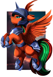 Size: 2850x4109 | Tagged: safe, artist:pridark, imported from derpibooru, oc, oc only, oc:cosmic feather, pegasus, pony, armor, high res, male, partial background, passepartout, pegasus oc, smiling, solo