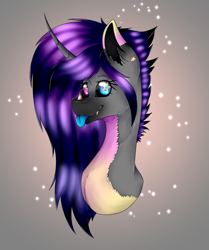 Size: 1437x1716 | Tagged: safe, artist:chazmazda, imported from derpibooru, oc, oc only, pony, unicorn, :p, athletic, big eyes, black sclera, blue, cheek fluff, ear fluff, ear piercing, earring, eye, eyebrows, eyebrows visible through hair, eyelashes, eyes, fangs, gradient, gradient background, gradient markings, heterochromia, horn, jewelry, long hair, looking at you, markings, mlem, nose horn, piercing, pink, purple, purple hair, shade, shading, sharp teeth, shine, shiny, shiny eyes, short hair, silly, smiling, smiling at you, solo, sparkles, starry eyes, stars, teeth, tongue out, wingding eyes, yellow