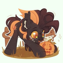Size: 1369x1369 | Tagged: safe, artist:tsarstvo, imported from derpibooru, oc, oc only, earth pony, pony, ear fluff, halloween, holiday, knife, male, mouth hold, pumpkin, solo, stallion