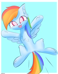 Size: 1250x1600 | Tagged: safe, artist:adamai_0517, imported from derpibooru, rainbow dash, pegasus, pony, :3, chest fluff, cute, dashabetes, ear fluff, female, flying, happy, looking at you, open mouth, open smile, simple background, smiling, solo, spread wings, wings