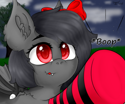 Size: 3479x2894 | Tagged: safe, artist:darky, imported from derpibooru, oc, oc only, oc:spacedragon, bat pony, pony, boop, bowtie, female, high res, redraw, solo