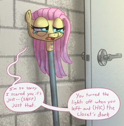Size: 1148x1170 | Tagged: safe, artist:doodleconner, imported from derpibooru, fluttershy, context is for the weak, crying, door, female, fluttermop, inanimate tf, living object, meme, mop, not salmon, objectification, sad, solo, speech bubble, teary eyes, transformation, wat