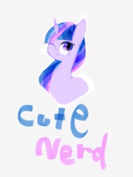Size: 1179x1572 | Tagged: safe, artist:laurasrxfgcc, imported from derpibooru, twilight sparkle, pony, unicorn, female, looking at you, multicolored hair, one eye closed, simple background, smiling, solo, text, white background