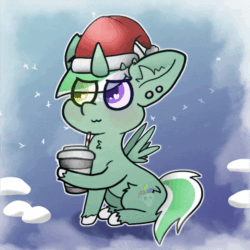 Size: 600x600 | Tagged: safe, artist:jesterpi, imported from derpibooru, oc, oc only, oc:jester pi, pegasus, pony, animated, blinking, body, christmas, coffee, cold, ear piercing, eye clipping through hair, frost, gif, hat, heterochromia, holiday, horn, pegacorn, piercing, santa hat, sitting, snow, snowfall, wings, winter