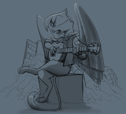 Size: 2162x1960 | Tagged: safe, artist:sinrar, imported from derpibooru, gilda, griffon, amputee, artificial wings, augmented, clothes, crossed legs, cyberpunk, guitar, jacket, monochrome, musical instrument, prosthetic limb, prosthetic wing, prosthetics, wings