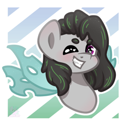 Size: 1280x1280 | Tagged: safe, artist:minty joy, imported from derpibooru, oc, oc only, oc:faulty, changeling, pony, bust, one eye closed, portrait, simple background, smiling, solo, spread wings, wings, wink