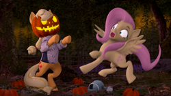 Size: 3840x2160 | Tagged: safe, artist:owlpirate, imported from derpibooru, applejack, fluttershy, earth pony, pegasus, pony, 3d, 4k, applejack-o-lantern, bipedal, duo, female, frightened, halloween, high res, holiday, jack-o-lantern, mare, open mouth, prank, pumpkin, pumpkin head, pumpkin patch, scared, screaming, source filmmaker, watering can