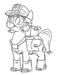 Size: 487x639 | Tagged: safe, artist:jargon scott, imported from derpibooru, oc, oc only, earth pony, pony, bag, boots, deep rock galactic, female, goggles, grayscale, helmet, mare, miner, mining helmet, monochrome, saddle bag, shoes, simple background, smiling, solo, white background