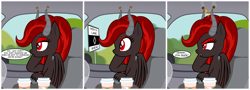 Size: 4280x1534 | Tagged: safe, artist:badumsquish, derpibooru exclusive, imported from derpibooru, oc, oc:kim stone, demon, demon pony, monster pony, original species, pony, angry, bored, burning, car, carpooling, coffee, cork, dialogue, eyeshadow, female, fire, folded wings, grumpy, head on hoof, horn, horn guard, hov lane, makeup, mare, offscreen character, pov, red eyes, red eyeshadow, road sign, sharp teeth, show accurate, sign, sitting, starbucks, supporting head, talking to viewer, teeth, unshorn fetlocks, wings