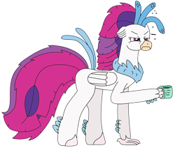 Size: 2824x2391 | Tagged: safe, artist:supahdonarudo, imported from derpibooru, queen novo, classical hippogriff, hippogriff, series:novoember, my little pony: the movie, bed mane, coffee, coffee mug, grumpy, high res, holding, messy mane, messy tail, morning ponies, mug, queen novo is not amused, simple background, tail, transparent background, woken up at a bad time