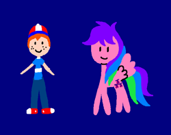 Size: 580x456 | Tagged: safe, artist:tommothetankengine57, imported from derpibooru, danny williams, whizzer, human, pegasus, pony, twinkle eyed pony, blue background, cap, clothes, cute, dannybetes, duo, female, g1, hat, male, mare, pants, shirt, shoes, simple background, smiley face, smiley face ponies, smiling, teenager, whizzabetes