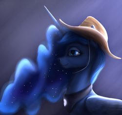 Size: 2524x2360 | Tagged: safe, artist:rnghat, imported from derpibooru, princess luna, alicorn, pony, bust, cowboy hat, female, folded wings, hat, high res, mare, peytral, profile, solo, wings