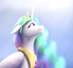 Size: 2524x2360 | Tagged: safe, artist:rnghat, imported from derpibooru, princess celestia, alicorn, pony, bust, female, floppy ears, folded wings, high res, jewelry, looking away, looking up, mare, peytral, regalia, solo, wings