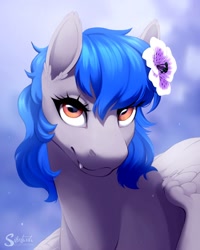 Size: 1600x2000 | Tagged: safe, artist:silentwulv, imported from derpibooru, oc, oc only, pegasus, pony, fangs, female, flower, flower in hair, solo