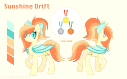 Size: 1766x1104 | Tagged: safe, artist:scarlet-spectrum, artist:scarlett-sketches, imported from derpibooru, oc, oc only, oc:sunshine drift, bat pony, pony, bat pony oc, bat wings, bow, bronze medal, chest fluff, color palette, cute, cute little fangs, cutie mark, dated, eye clipping through hair, eyelashes, fangs, gold medal, hair bow, looking at you, medal, raised hoof, reference sheet, side view, silver medal, simple background, slit pupils, smiling, smiling at you, solo, standing, underhoof, wings