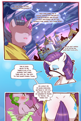 Size: 960x1440 | Tagged: safe, artist:cold-blooded-twilight, imported from derpibooru, rarity, spike, twilight sparkle, dragon, pony, unicorn, cold blooded twilight, comic:cold storm, blushing, bobby pin, both cutie marks, canterlot, cloud, cloudy, comic, dialogue, eyepatch, eyeshadow, horn, implied shipping, implied sparity, implied straight, makeup, mirror, open mouth, speech bubble, stars, tail, tail wag, unicorn twilight